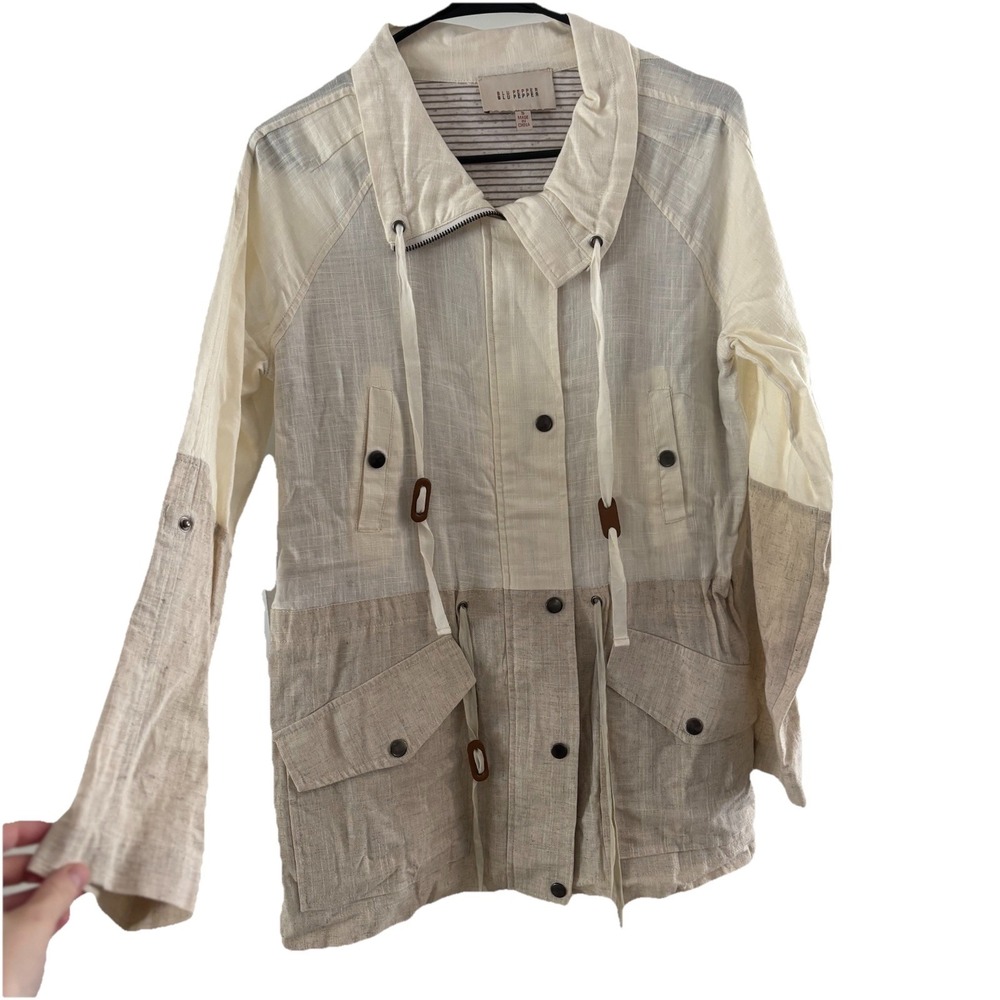 Blu Pepper Linen Blend Color Block Utility Jacket Womens S Roll Tab Sleeves
